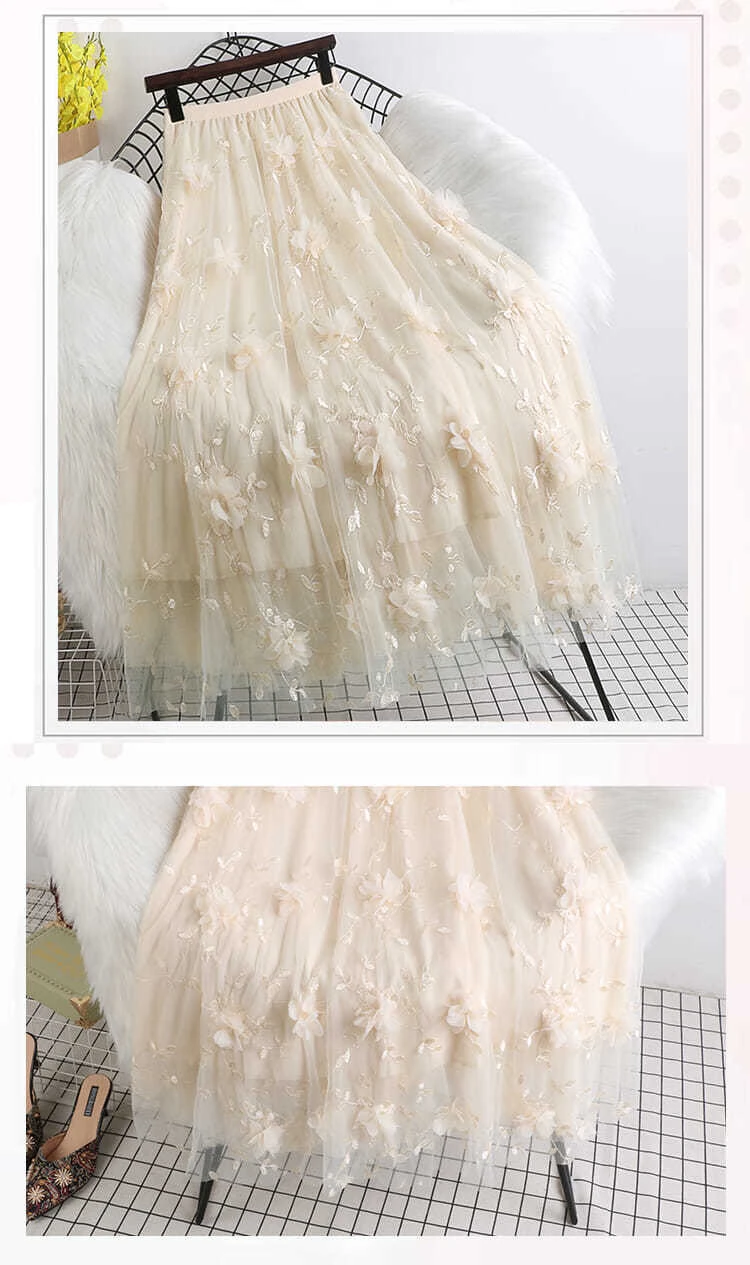 Luxury Woman Skirts 2021 Korean style Fashion Elastic Waist Appliques Embroidery Floral Mesh Skirt Long Gauze Ball Gown Skirt short skirt