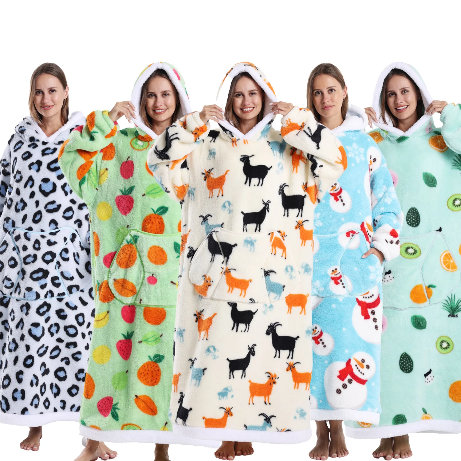 Winter Warm Thick Blanket Hoodie Hooded Wearable Blanket Sweatshirt Oversized Fleece Fluffy Animal Xmas Indoor  Snuggle