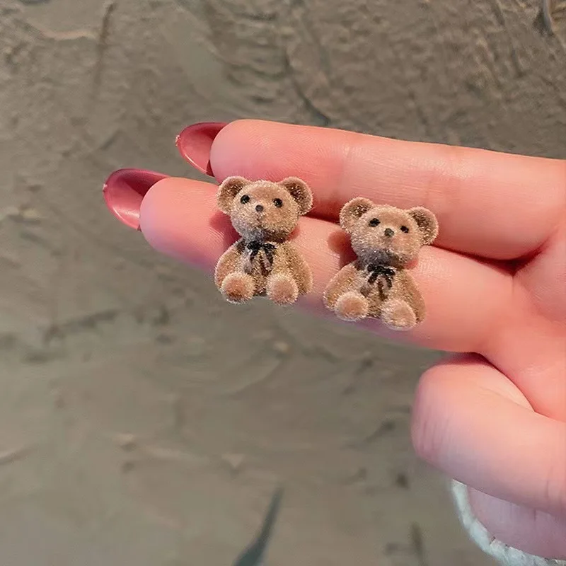 Cute Flocking Plush Bear Stud Earrings Kawaii Animal Earrings for Women Girls Korean Earring Jewelry stud earrings
