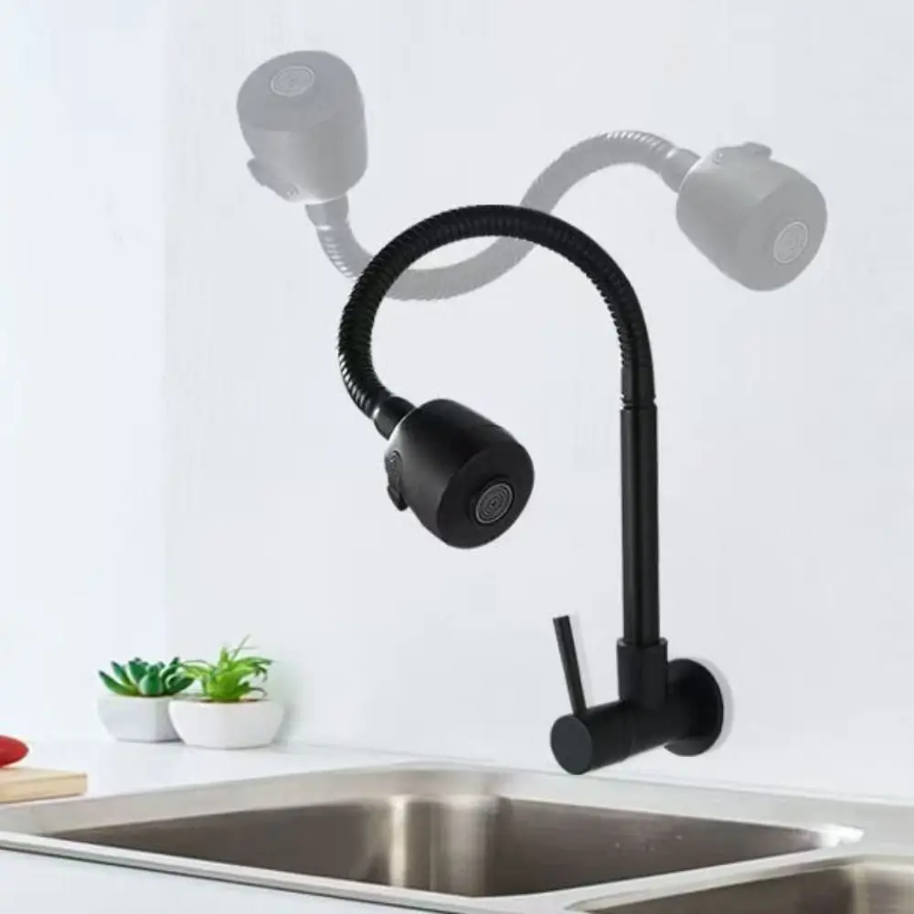 Wall Mounted Flexible Hose Kitchen Faucet Stainless Steel Rotatable Sink Faucet 2 Modes Black Water Tap Nozzle Restaurant