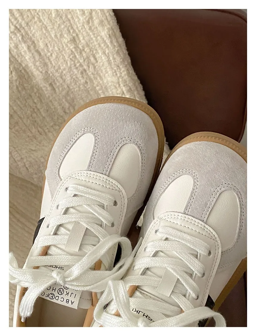 Round Toe Fashion Women Casual Shoes for Spring 2024 Thick Soled Height Women Shoes Leather Pleated Lace-up Board Shoes 24-203