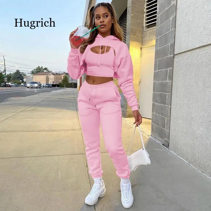 

Solid Color Sweatsuit Women's Set Hooded Crop Top Jogger Pants Set Tracksuit Fitness Three Piece Set Outfits