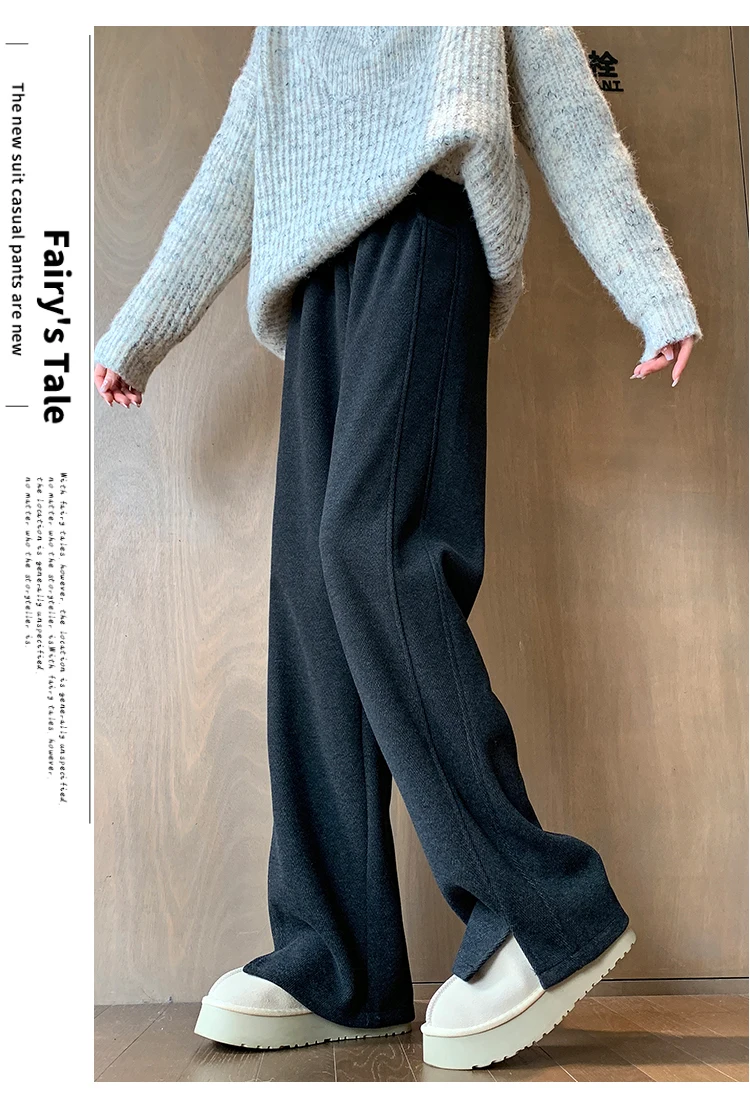 High Street Casual Gerade Lose Chic Split Frauen Hosen Herbst Winter Klassische Feste Farbe Mode Einfache Weibliche Breite Bein Hosen – Detail 18