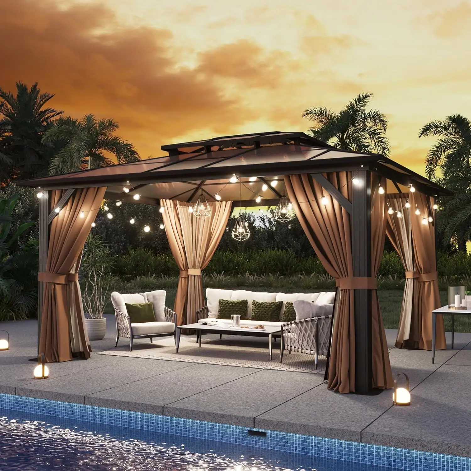 12'x14' Hardtop Gazebo, Aluminum Frame Permanent Pavilion with Curtains and Netting, Designed for Garden, Brown 3