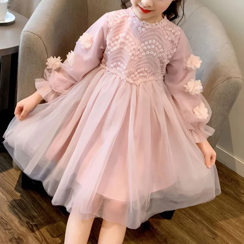 

Autumn Winter New Fashion Kawaii Girls Party Dress Solid Appliques Long Sleeve Kids Princess Dress Cute Sweet Children's Clothes