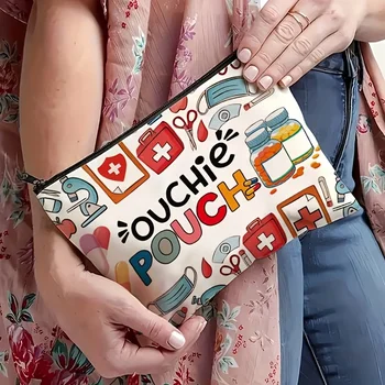 Ouchie Pouch, graziosa borsa medica per trucchi, borsa da viaggio portatile con cerniera, leggera, beige, custodia per cosmetici, regalo per infermieri.