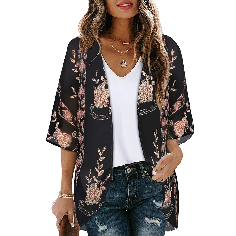 Women Summer Bohemian Casual Cloak Cardigan for Swimsuit woman Beach Swimwear Tops Short Sleeved Shawl Chiffon Shirt swimsuit cover up swimsuit coverup fishnet cover up chiffon cardigan top