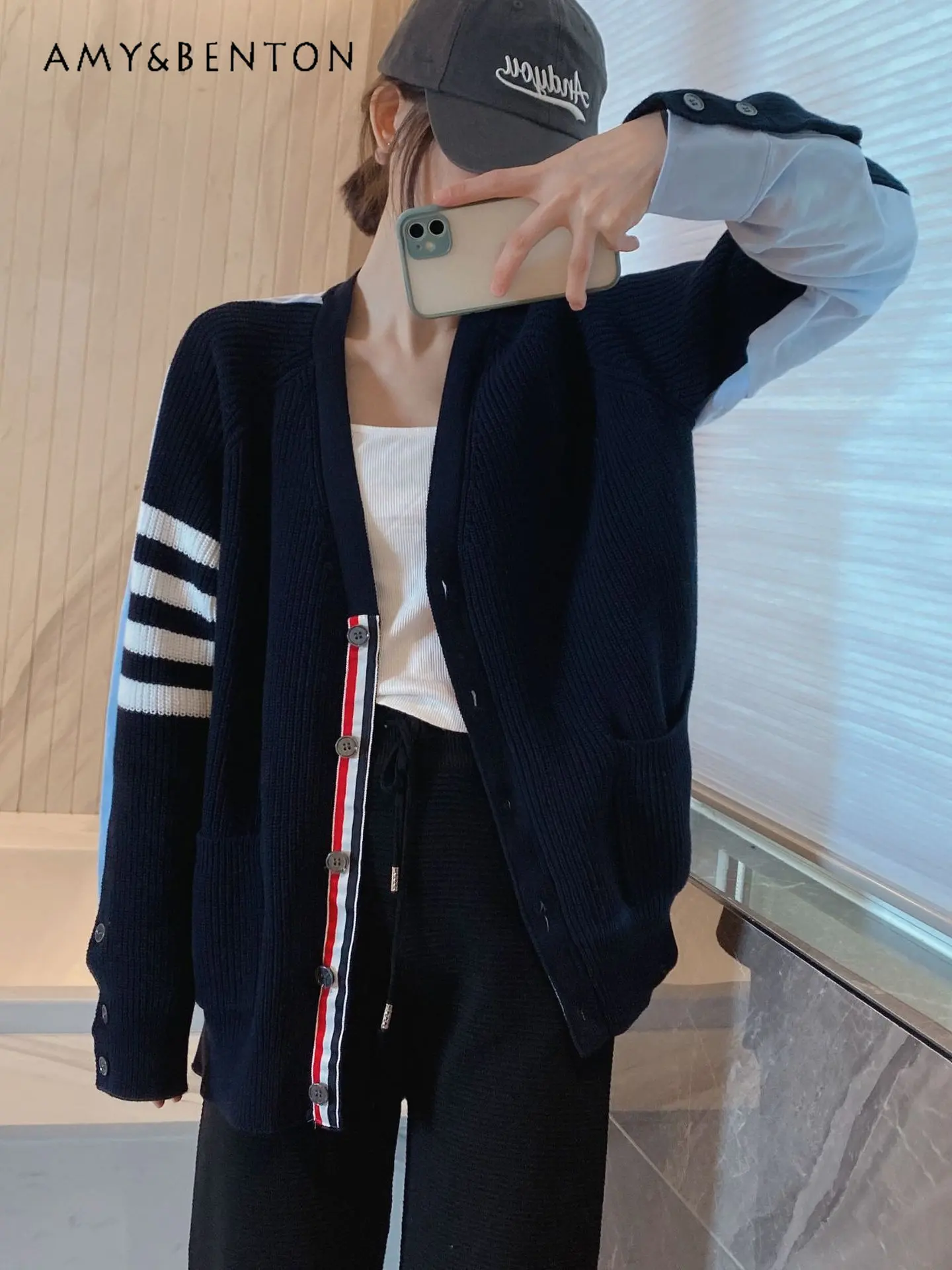 

New Splicing Long Sleeve Knitwear Sweater Women's Spring Autumn Lazy and Loose Mid-Length V-neck College Style Cardigan Coat