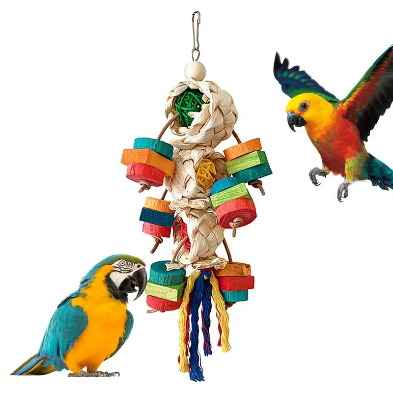 

Parrot Chewing Toy Natural Wood Colorful Chewable Cockatiel Toys Multifunctional Decorative Hangable Conure Accessories For