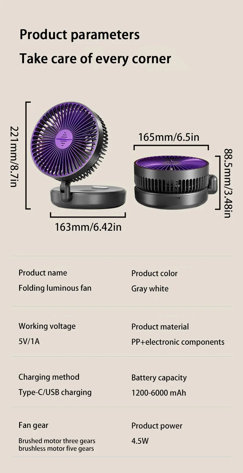 5000mAh 3IN1 Rechargeable Multifunctional Portable Fan Wall Mounted Fan 90° Folding Fan 4 Gears With Warm Night Light New 2025