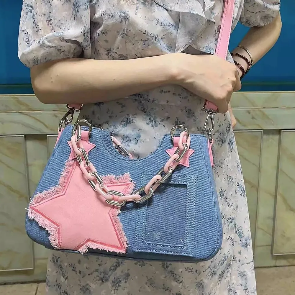 1pc Two-tone Denim Y2k Style Shoulder Bag With Star Decor