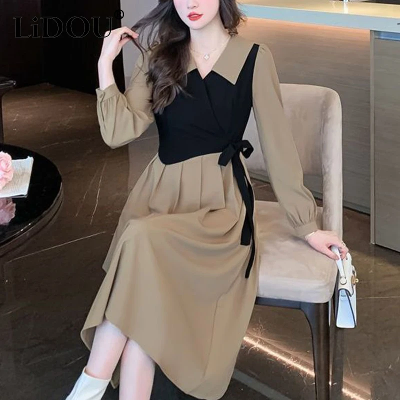 

Spring Summer Fake Two Piece Bandage Elegant Fashion Dress Lady Long Sleeve Casual All-match Midi Vestidos Female Robe Dresses
