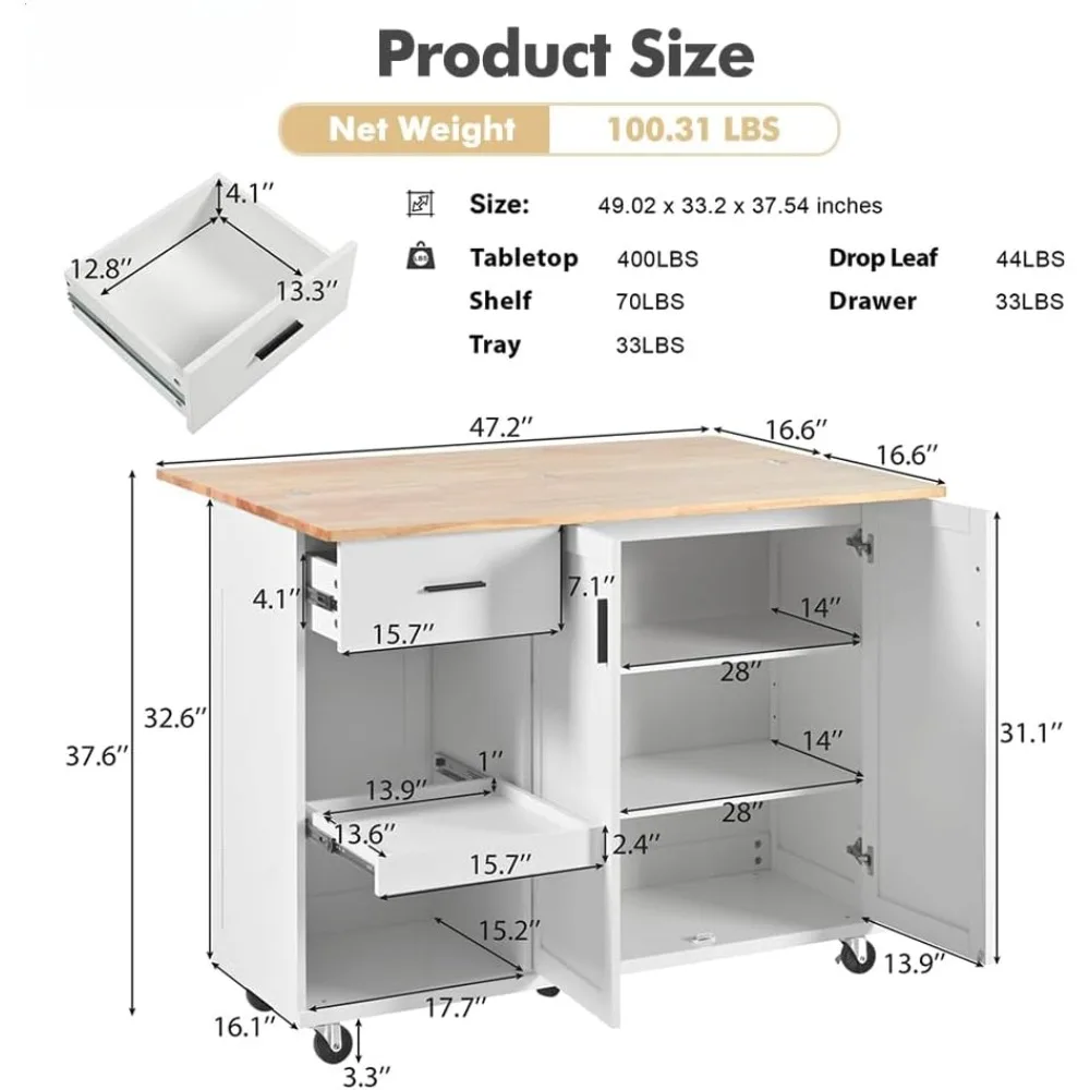 Rolling Kitchen Island on Wheels with Storage Cabinet and Drawers, Kitchen Cart with Slide-Out Leaf, Island Table