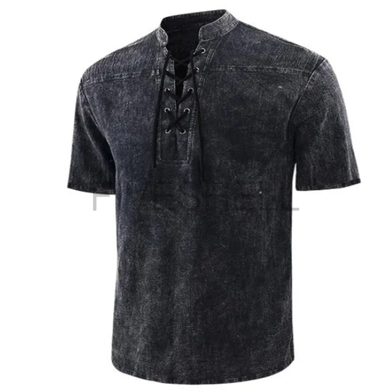 

Men Vintage Stand Collar Lace Up Short Sleeve V Neck Slim T Shirt Streetwear Casual Tops Tees Victorian Renaissance Cosplay
