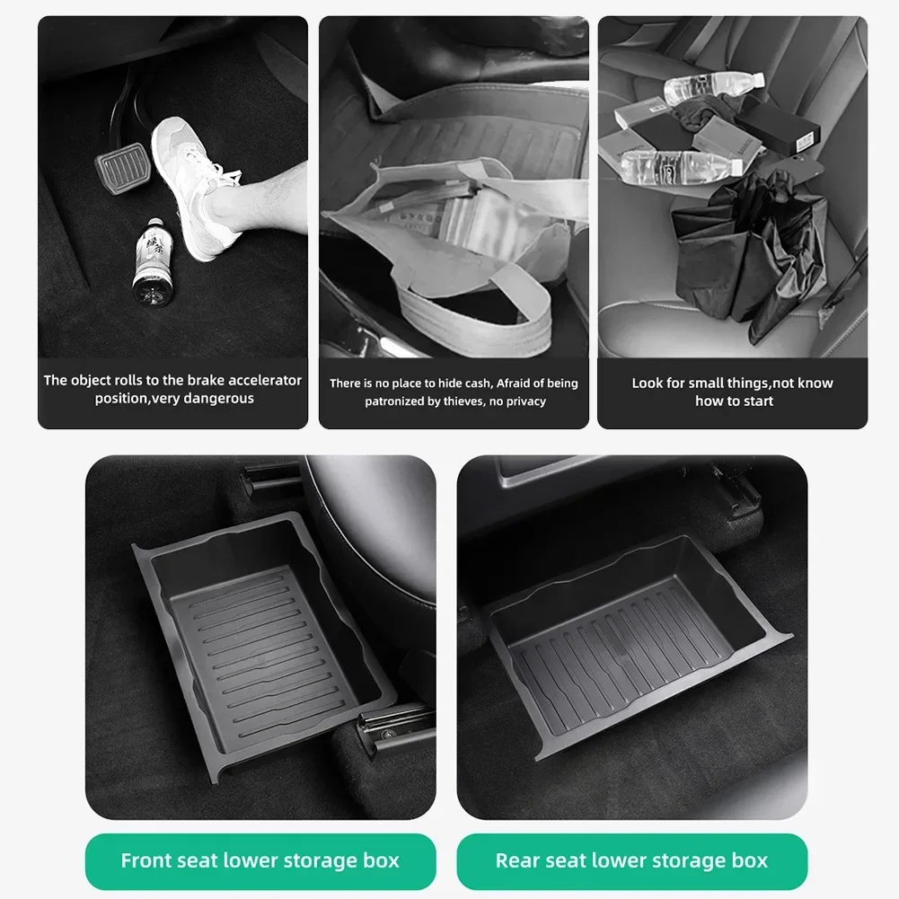 1pc/2pcs Under Seats Storage Box Organizer Trays Case Drawer TPE Black For Tesla-Model Y-40x12x27cm Stowing Tidying