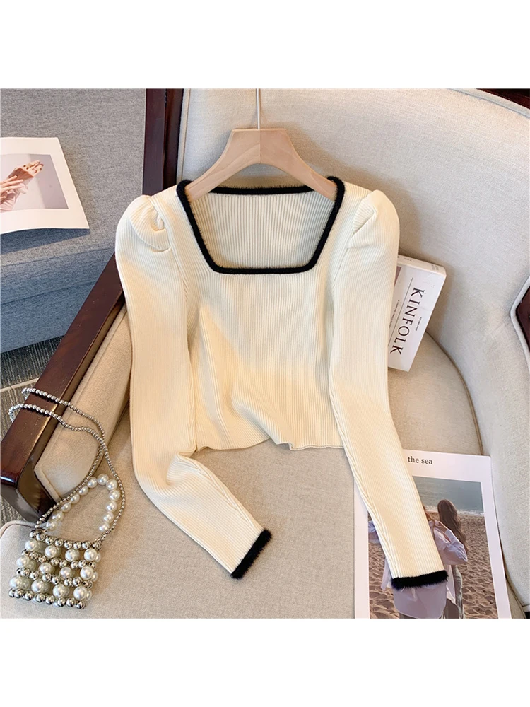

Женский белый пуловер с квадратным вырезом, вязаный свитер в стиле Харадзюку, джемпер с длинным рукавом, свитер в Корейском стиле 90-х, Y2k, 2000s, винтажная одежда