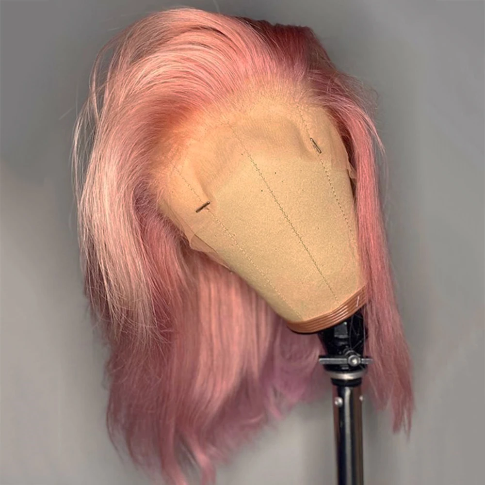 

RONGDUOYI Light Ash Pink Bob Hair Synthetic Wig Free Part Natural Straight Glueless Lace Front Wigs Cosplay Short Purple Hair