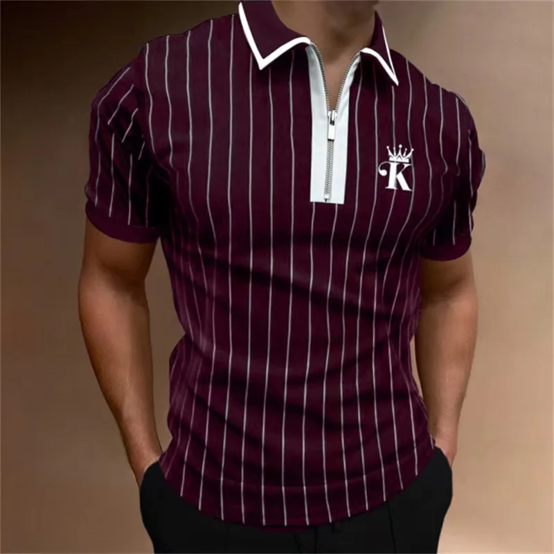

2024 New Men's Striped Chest Crown Button-Down Zip-up Short-Sleeved polo Shirt Breathable Fashion polo Shirt