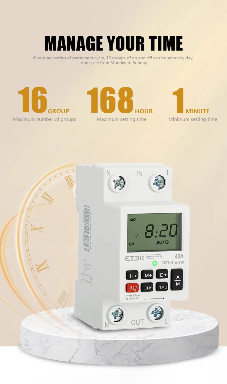 220V DIN rail 40A 2p with battery 7 day countdown timer Sunday hour programmable
