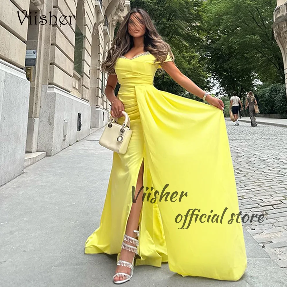 

Viisher Yellow Mermaid Evening Dresses with Slit Pleats Satin Long Prom Party Dress Beads Sweetheart Arabic Dubai Formal Gowns