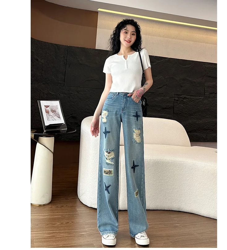 2023 Spring/Summer Thin Cut Hole Wide Leg Jeans, Small Stand, High Waist, Slim, Versatile, Straight Leg Floor Sweeper Pants