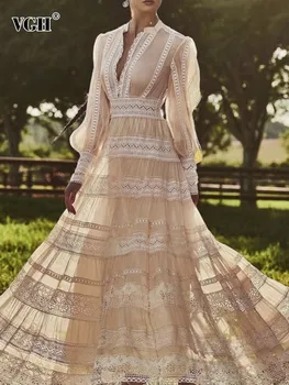 فستان نسائي مطرز VGH بفتحات واسعة وأكمام طويلة وخصر عالي فساتين نسائية أنيقة جديدة 1