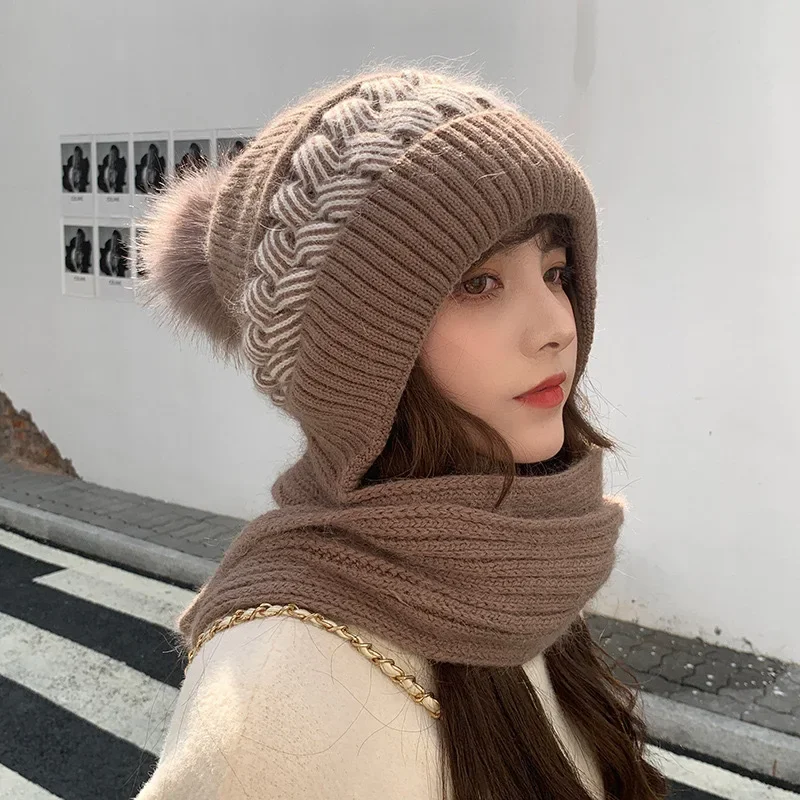 Chapeau tricoté polyvalent de style coréen, écharpe en laine intégrée, protection chaude pour les oreilles et le cou, pour femmes, automne et hiver