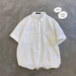 2023 Summer New Solid Color Turn-down Collar Short Sleeve Pockets Shirt Man Korean Style Fashion Single Breasted Thin Style Tops