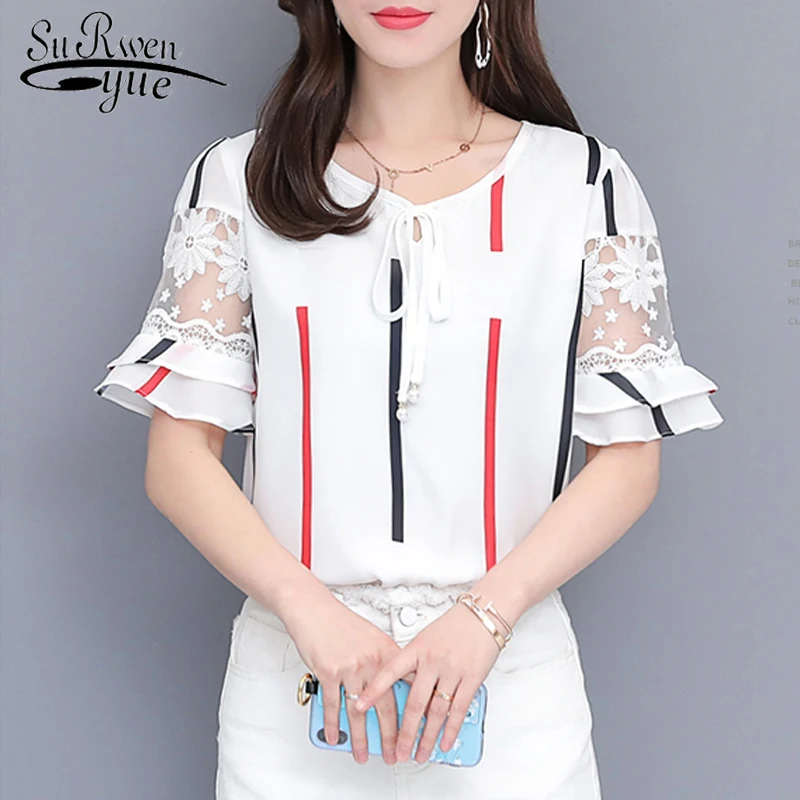 

Женская шифоновая блуза в полоску, с коротким рукавом и круглым вырезом