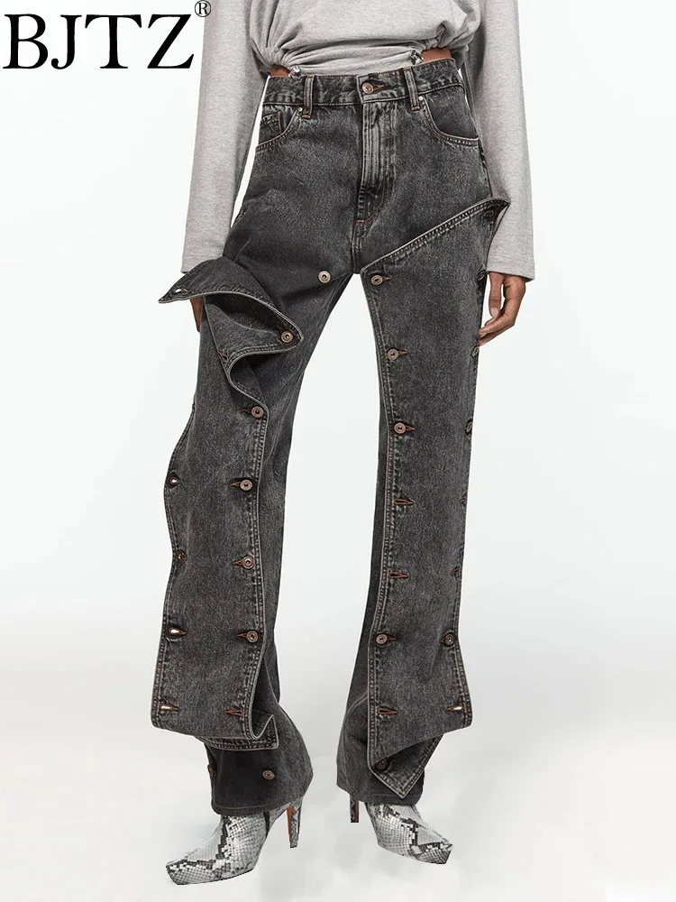 Модные свободные джинсы BJTZ на пуговицах в стиле пэчворк для женщин, с высокой талией, с карманами, уличная одежда, повседневные Прямые джинсовые брюки для женщин