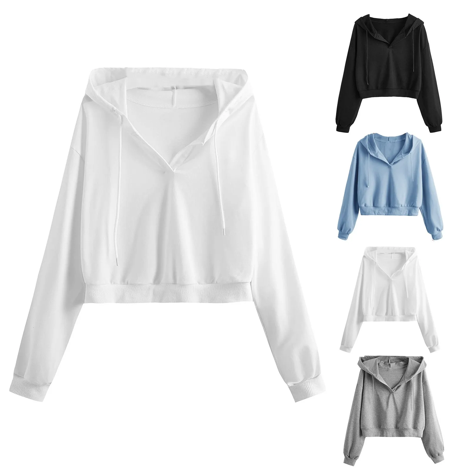 

Casual White Crop Top Jacket Women Casual Solid Long Sleeve Zipper Pocket Shirt Hooded Sweatshirt Tops Hoodies Female Ropa Mujer