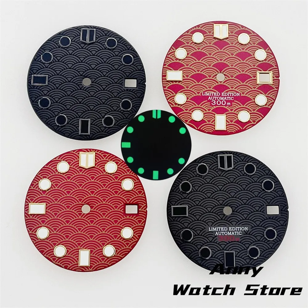 Fish Scale Pattern Watch Dial Red Black Dial Green Luminous