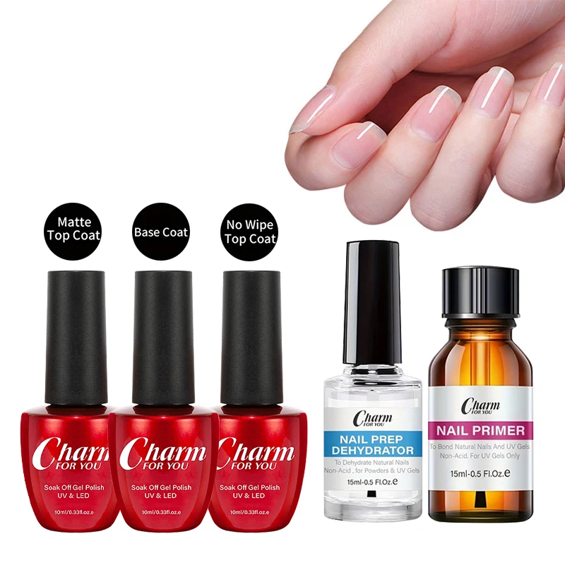 5pcs Natural Nail Prep Dehydrator and Nail Acid-Free Primer Set with Base Coat &Top Coat Soak Off Gel Art Top Gel