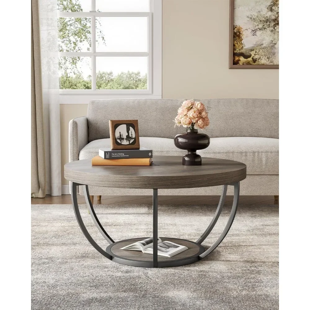 Round Coffee Table, 32" Circle Coffee Table for Living Room, 2-Tier Wood Accent Center Table with Open Storage Industrial Desig