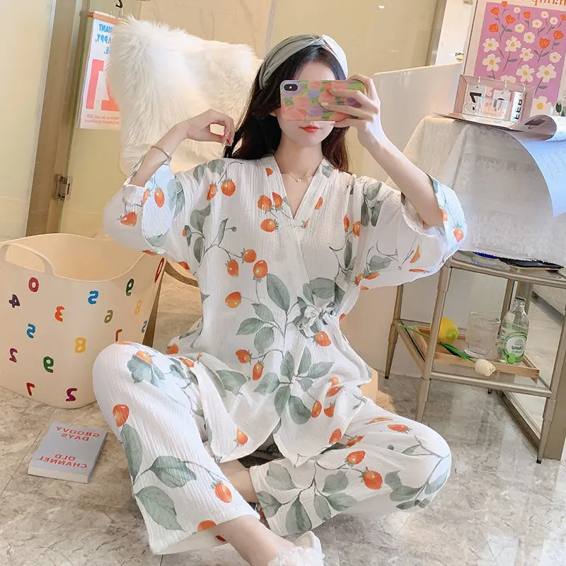 Kimono pajamas women's spring and autumn pijama mujer long-sleeved pyjama pour femme 2023 new cute peach home clothes
