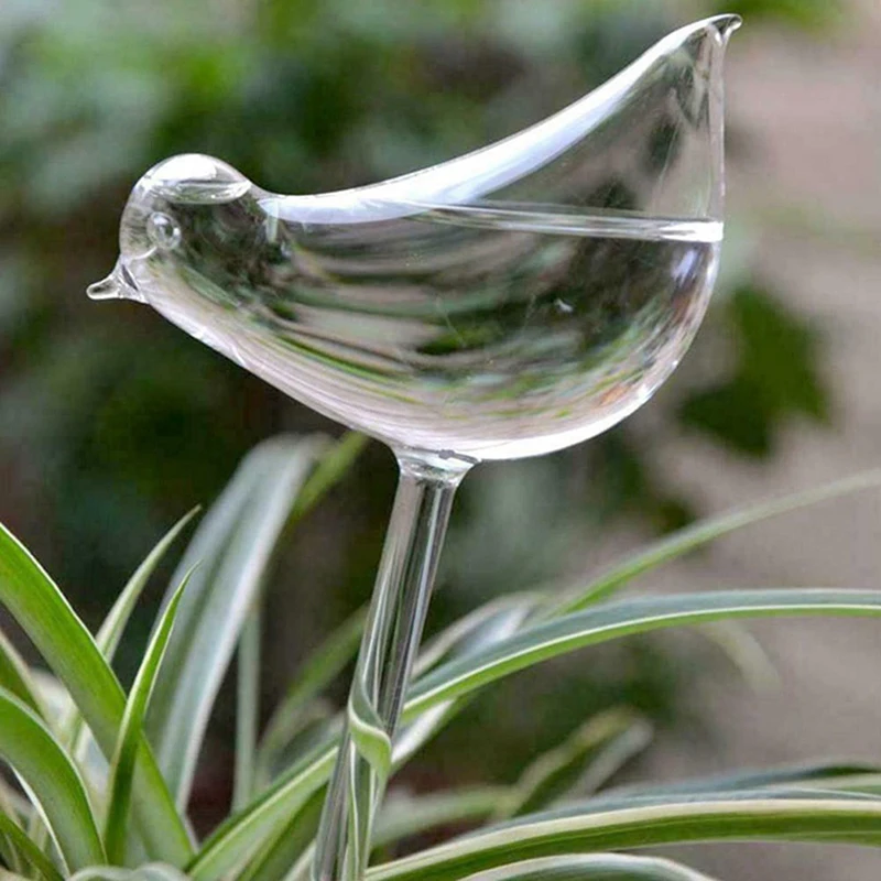 Self Watering Globes Plant Waterer Bird Shape Hand Blown Clear Aqua Bulbs