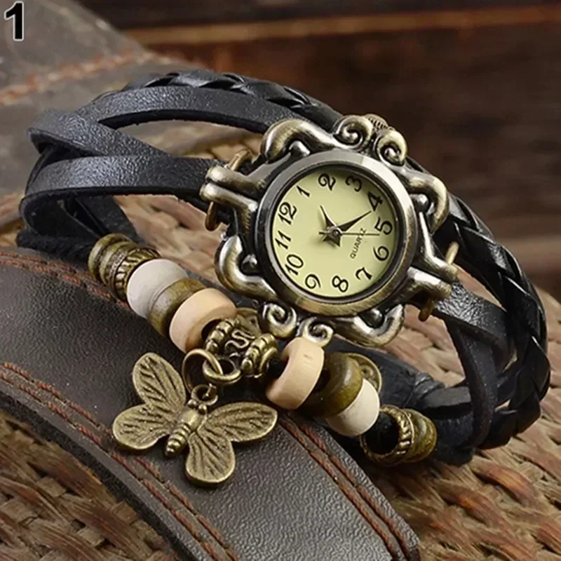 High-quality Bracelet Watch Vintage Hand Woven Leather Watch Fashionable Leather Wrapped Butterfly Pendant Quartz Watch Vintage