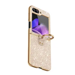 Luxury Plating Bling Glitter Ring Holder Phone Case - Premium Hard Plastic Cover - Galaxy Z Flip3 (Gold)