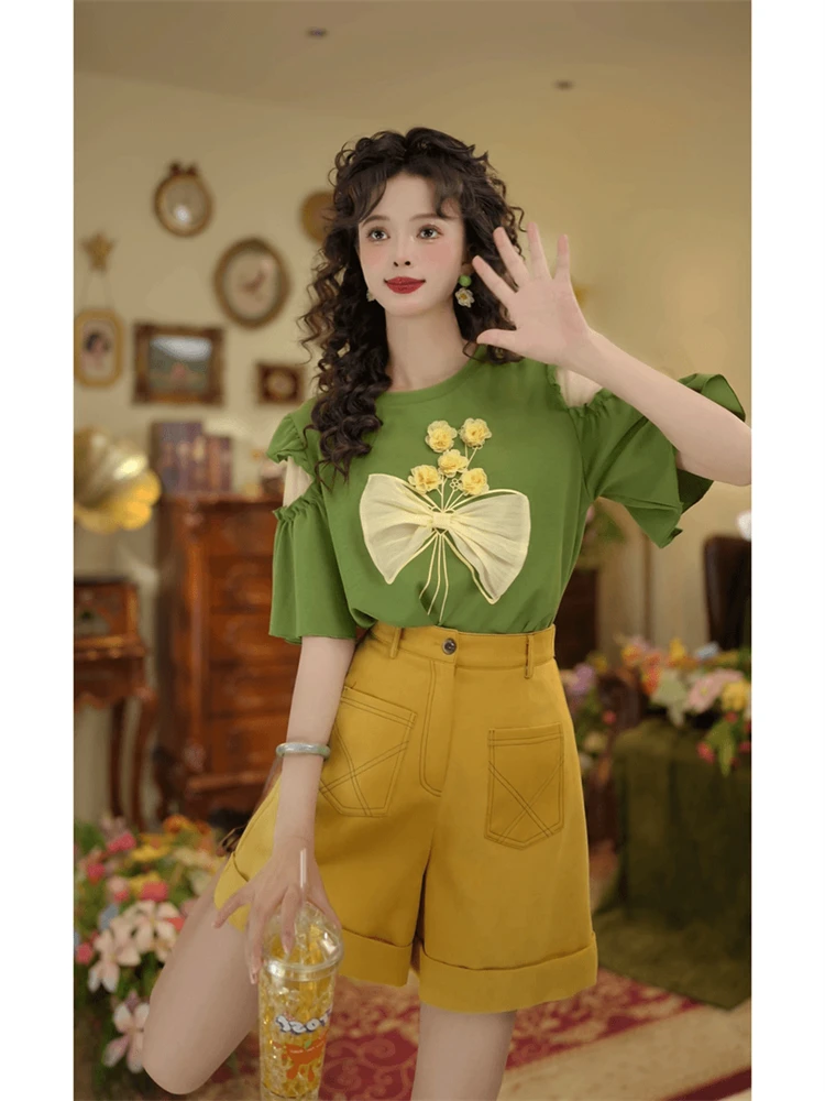 Hong Kong Sle oulder Bared Tee Dimensional Flower Women's Set Loose orts Summer Faion Two Piece Suit round Ne o...