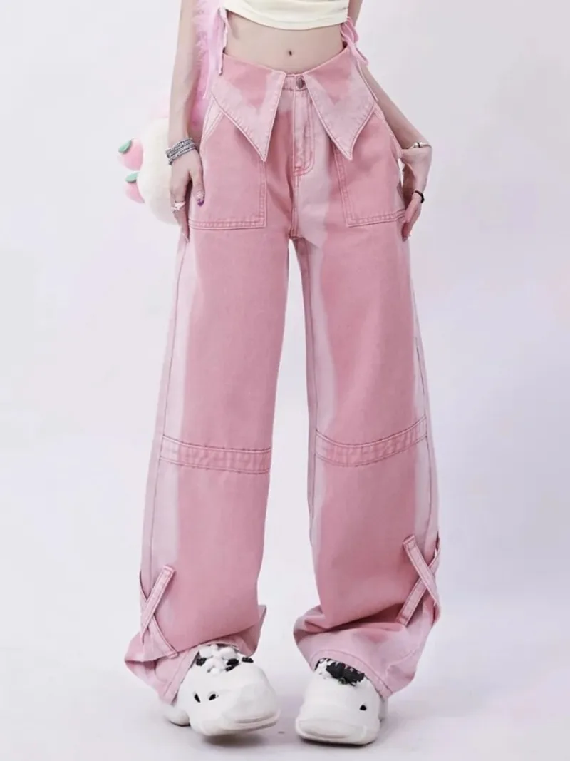 Pink High Waisted Jeans for Women 2024 Korean New Fashion Streetwear Loose Wide Leg Pants Vintage Straight Full Length Pants Y2k