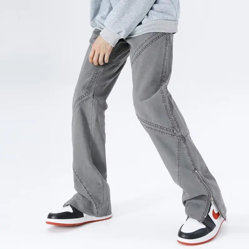 2023 Y2K Moda Lavato Grigio Baggy Flare Jeans Pantaloni Uomo Abbigliamento Caviglia Cerniera Dritto Vintage Vecchi Pantaloni Lunghi Pantaloni Uomo