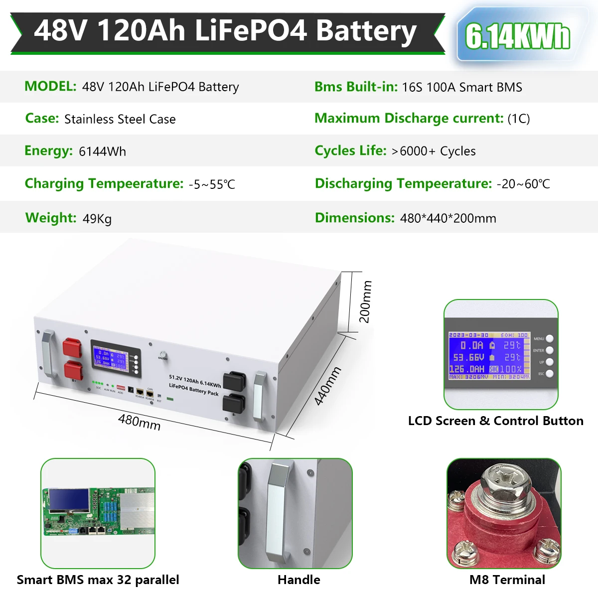 Lifepo4 48v 100ah 5,12 kw akku pack 51,2 v 200ah 120ah 6000 zyklus bms kann  rs485 32parallel 108% kapazität 10 jahr garantie keine steuer