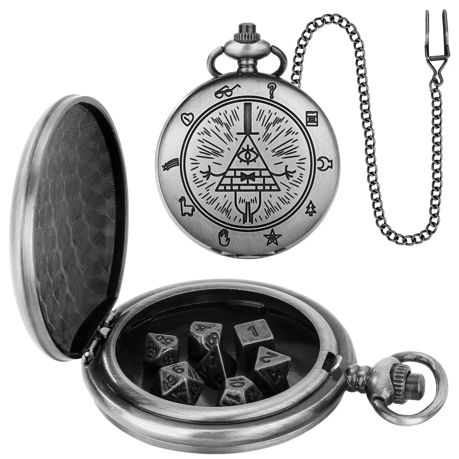 Vintage-Inspired Double Dragon DND Dice Jewelry Pocket Watch Case with 7 Metal Dice Set