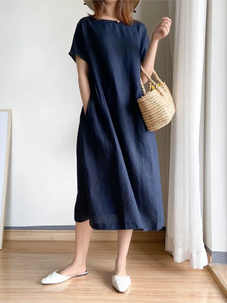 Women's Summer Cotton Linen Mini Dress - V-Neck Short Sleeve Casual T-Shirt Sundress In Yellow