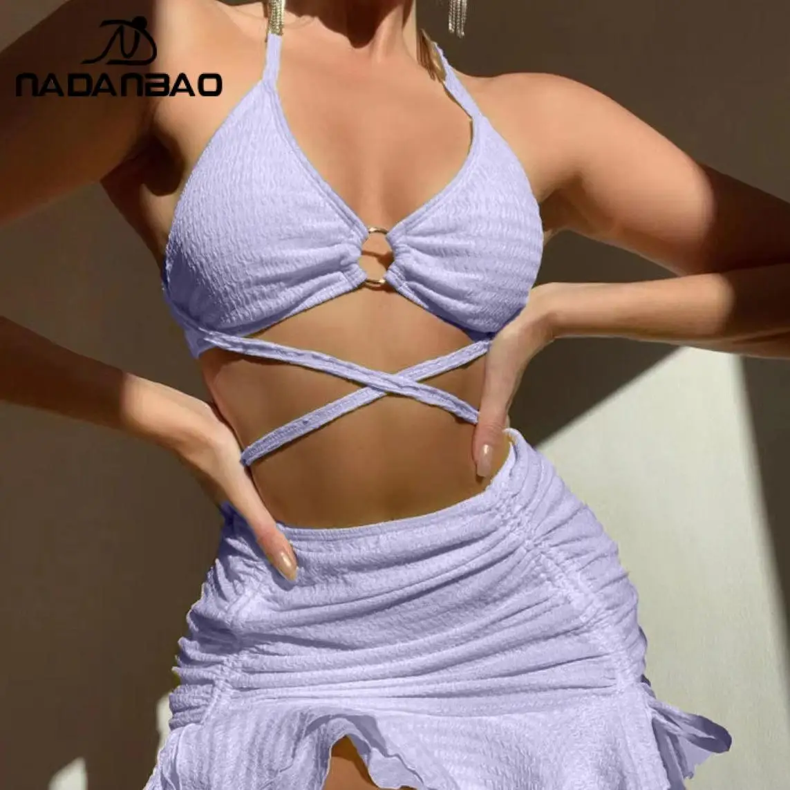 Nadanbao Bandage Bikini Dress Sets Women Swimwear Backless Bodysuit Swimsuit Female Halter Beach Party Three-Piece Set Bikini