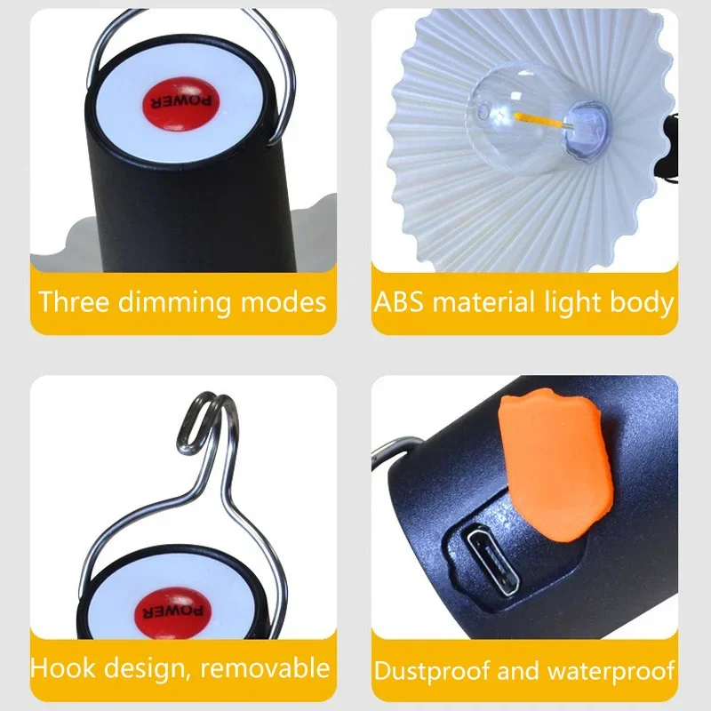 Portable Camping LED Lamp Hanging Lamp Portable Stepless Dimming Camping Light Waterproof Rechargeable Outdoor Light Lantern