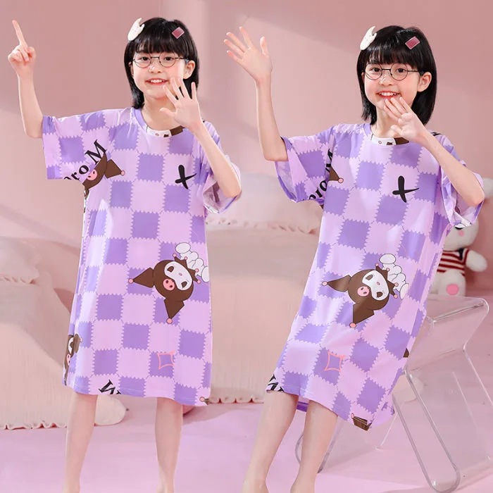 

Sanrio Hello Kitty Dress Girls Nightgown Cinnamoroll Kuromi Anime Pajamas Summer Child Shortsleeves Sleepwear Dress Homewear