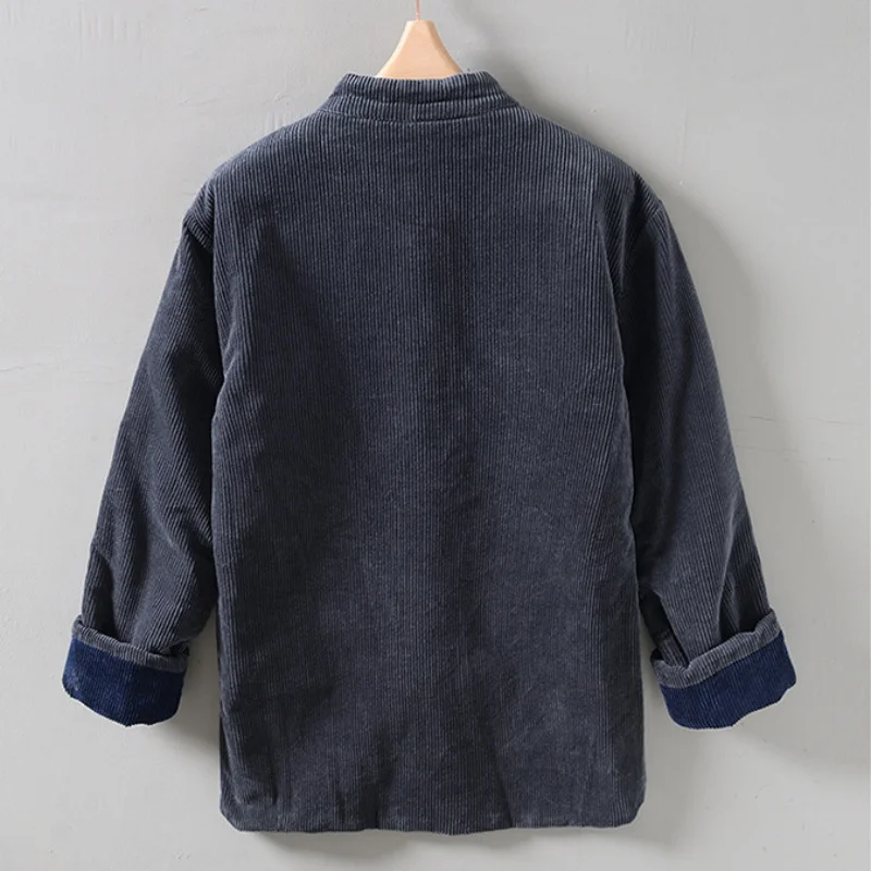 Winter Men's Traditional Chinese Warm Cotton Padded Jacket Long Sleeve Corduroy Tang Suit Stand-Up Collar Kung Fu Outerwear 4