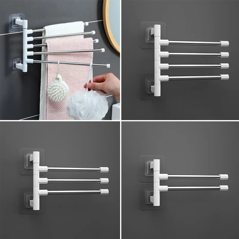 

New Bathroom Towel Rack Rotatable Towel Holder Hanger Stainless Steel Punch Free Towel Bar Kitchen Wall Mounted Storage Shelf