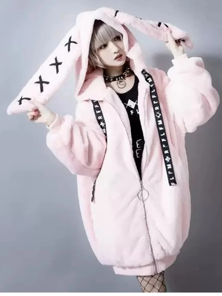 Lautaro Autumn Oversized Sweet Cute Soft Purple Black Faux Fur Coat Women with Bunny Ears Kawaii Loose Fluffy Jacket Hoodie 2023 6